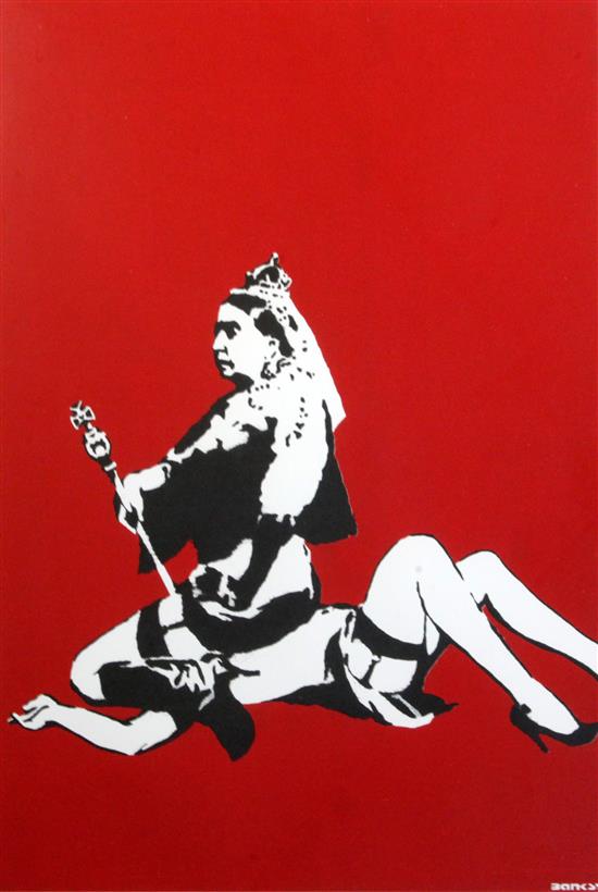 After Banksy, Queen Vic, screen print, unsigned, 26.5 x 19in.